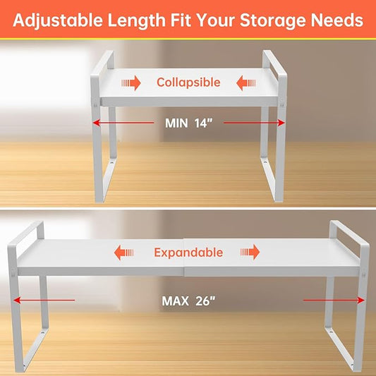 Expandable Cabinet Shelf Organizer Rack 9 inch, Pantry Organizer Lengthen from 14” to 25” ， Large Kitchen Cabinet Storage Shelf Rack， Storage Organizer white，Spice Rack Expandable Shelves,