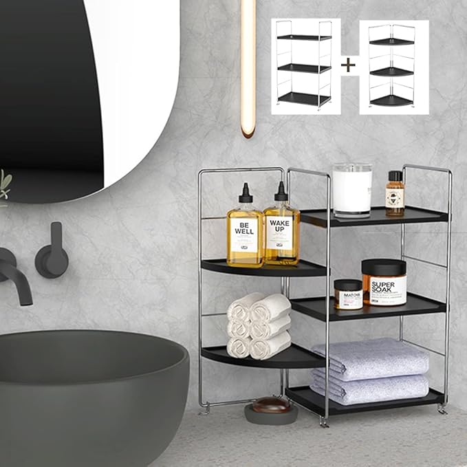 3-Tier Bathroom Countertop Organizer , Vanity Tray Cosmetic & Makeup Storage, Kitchen Spice Rack Standing Shelf , Corner Storage Shelf , Silver&Black