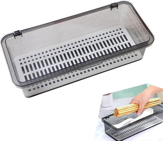 Flatware Tray with Lid, Silverware and Cutlery Storage Container for Flatware and Silverware (Grey)