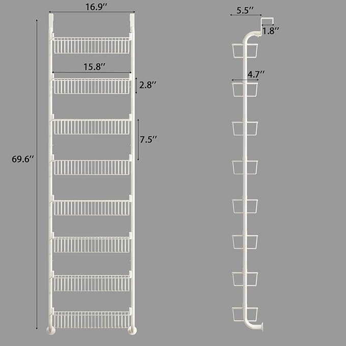 Over the Door Pantry Organizers and Storage, 8-Tier Spice Rack, Home & Kitchen Storage Shelves for Cabinet, Large Capacity Hanging Seasoning Organizer, Laundry Room Organization, White