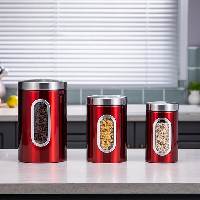 Transparent Red Canisters Sets of 3 Pieces For The Kitchen,0.9/1.6/2.9 Quarts Stainless Steel Coffee Sugar Tea Candy Storage Jars with Window for Home Kitchen Decoration and Accessories