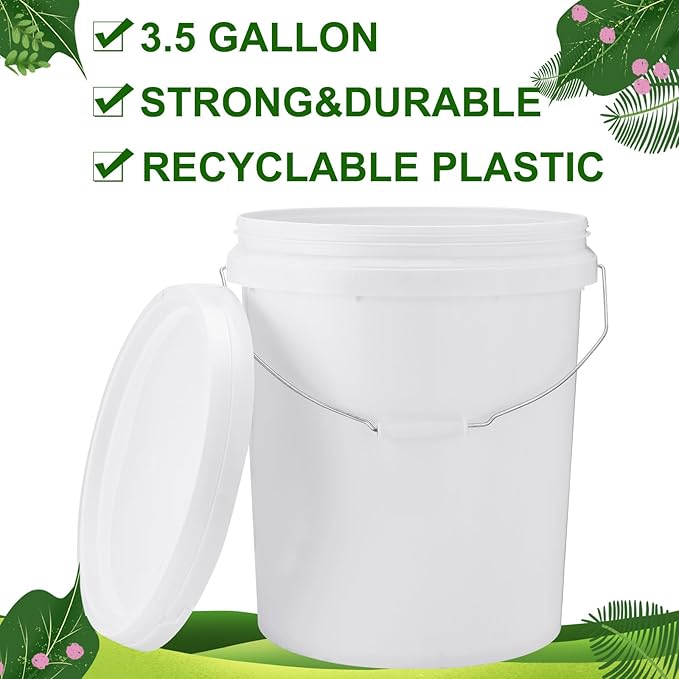 Gerrii 10 Pack White Plastic Bucket with Handle and Lid Food Storage Bucket Containers All Purpose Pail for Multipurpose Paint Water Art Crafts Projects Garage Organization (White,3.5 Gallon)