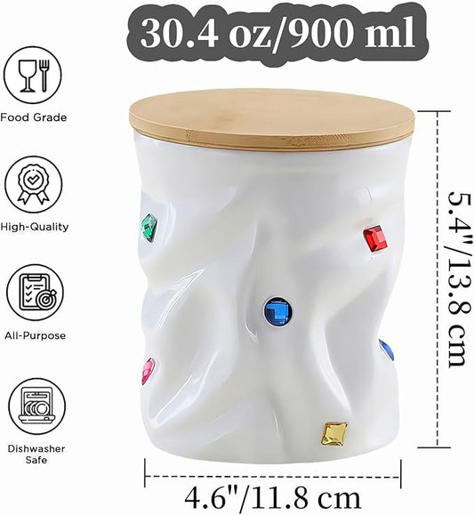 Ceramic Jar with Lid, Kitchen Food Storage Jars with Bamboo Airtight Lids, Pantry Organizers and Storage Canisters for Tea, Sugar, Candies, Coffee Beans Canister (30.4 oz-white)