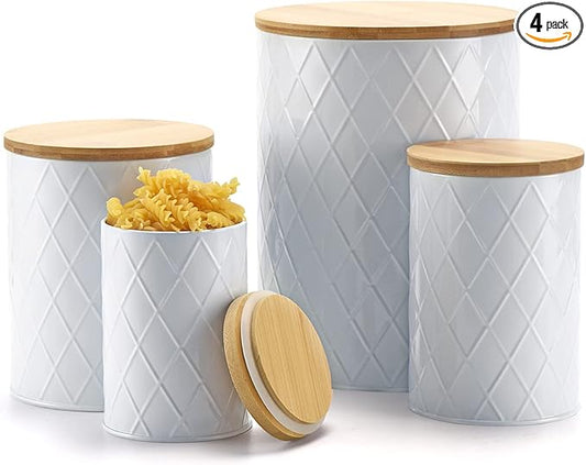White Kitchen Canisters Set with Wooden Lids, Airtight Sugar, Flour, Coffee, Cookie Storage Canister Sets for Kitchen Countertop, Farmhouse Decor, 4 Pack
