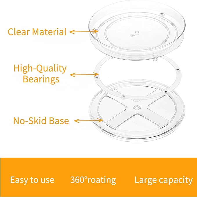 vacane 2-Pack 13Inch Lazy Susan Cabinet Organizer, Plastic Rotating Organizer Spice Rack Condiment Organizer for Pantry, Countertop, Cupboard, Refrigerator-Clear