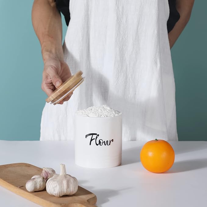LEETOYI Porcelain Food Storage Containers with Lid, 4.5 Inch 31oz White, Labeled Flour