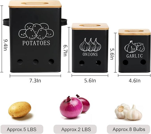 WUWEOT 3 Pack Vegetable Storage Tins, Potato Onion Garlic Storage Canister, Black Metal Vegetable Fresh Keeper Caddy, Kitchen Pantry Organizer Jars with Bamboo Lid and Aerating Holes