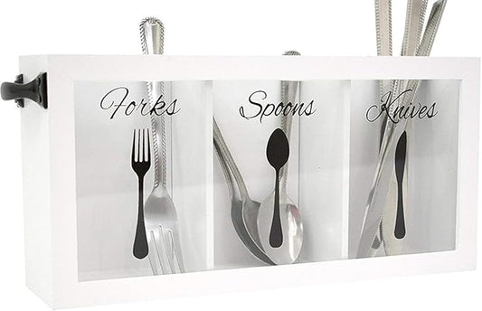 BLU MONACO White Wooden Cutlery & Utensil Caddy – Flatware Organizer Bin for Forks, Spoons, Knives – Perfect for Kitchen Countertop
