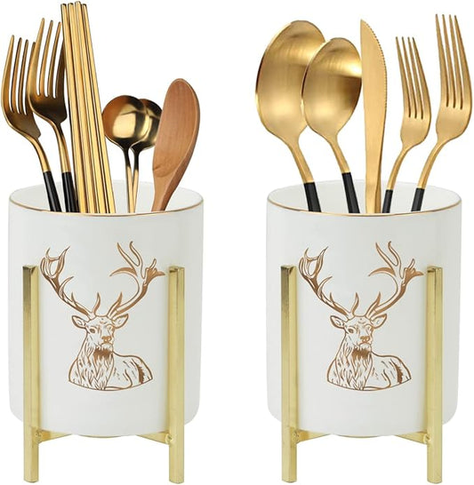 Gold Utensil Crock, Farmhouse Utensil Caddy, 2 PCS Kitchen Flatware Organizer Rustic, Silverware Caddy Cutlery Holder, Golden Deer Pattern