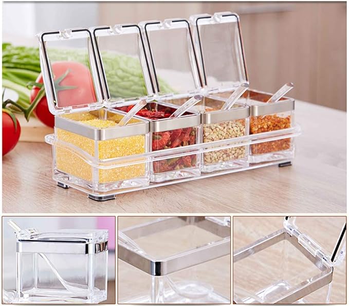 Seasoning Box Stainless 304 Steel Edge, Seasoning Rack Spice Pots, Storage Container Condiment Jars, 4 Piece Clear Acrylic Cruet with Cover and Spoon