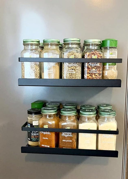 Fridge Spice Rack Organizer Single Tier Magnetic Refrigerator Spice Storage Magnet Shelf, Black,1PC
