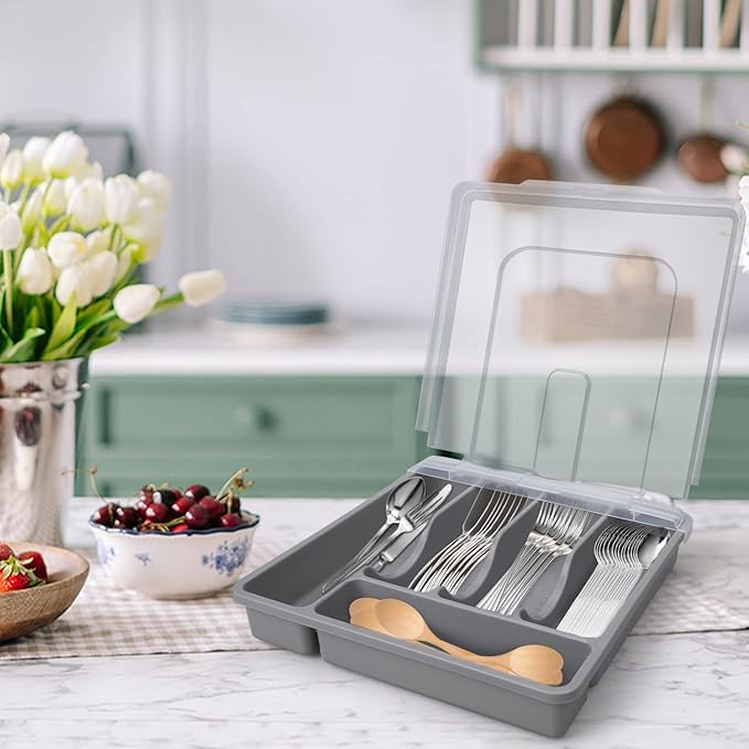 Silverware Organizer with Lid for Drawer, Plastic Utensil Holder for Countertop, Flatware Organizer Cutlery Tray with Cover 5 Compartments (Gray)