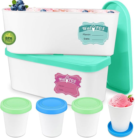 Walfos Ice Cream Containers for Homemade Ice Cream - 1.6 Quart & 8 oz. Set, Bonus Sealing Bands Keeping Silicone Lids Airtight, Reusable Ice Cream Tubs, Stackable Freezer Storage Container - Green