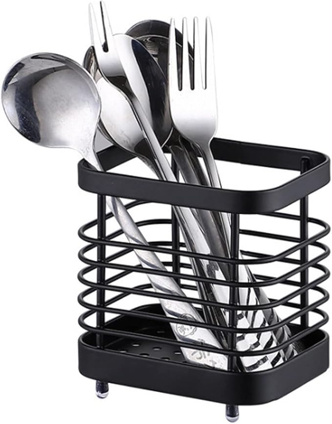 Utensil Holder, Stainless Steel Sink Utensil Holder Countertop, Kitchen Utensil Drying Caddy, Cutlery Drainer for Utensil, Rust-Proof Cutlery Utensil Organizer (Black)