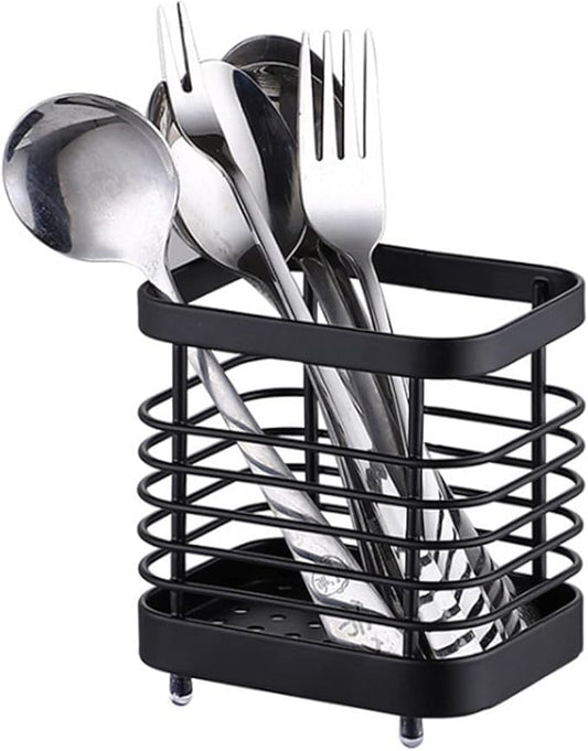 Utensil Holder, Stainless Steel Sink Utensil Holder Countertop, Kitchen Utensil Drying Caddy, Cutlery Drainer for Utensil, Rust-Proof Cutlery Utensil Organizer (Black)