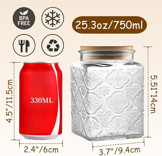 ANSQU 25.3 FL OZ Square Glass Jar, Glass Storage Canister with Airtight Lid, Glass Food Storage Containers for Candy, Coffee, Tea, Canning, Cute Jar (Square Begonia)