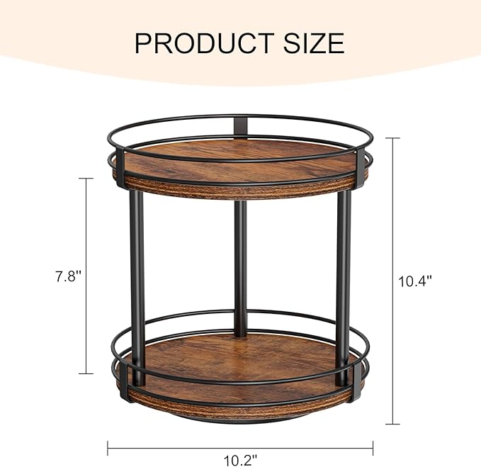 Snughome Rotating Spice Rack, 2 Tier Lazy Susan Organizer, Wood Kitchen Countertop Organizer, Brown Lazy Susan Turntable for Cabinet, 10.2" x 10.2" x 10.4"