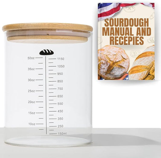 50oz Sourdough Starter Jar Glass with Recipes, Sourdough Starter Kit, Large Capacity Wide Mouth Glass Jar with lid, Sourdough Bread Baking Supplies