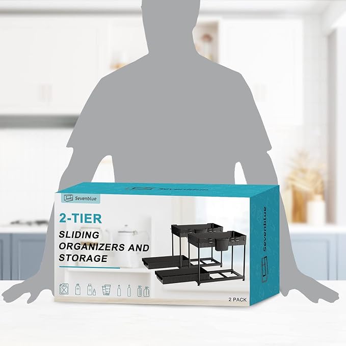 2 Pack Under Sink Organizers and Storage, 2 Tier Sliding Bathroom Organizer,Multi-Use Under Kitchen Cabinet Storage Shelf (Black 2Pack)