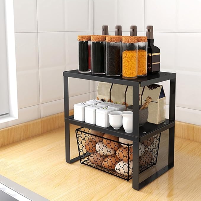 Stackable Cabinet Shelf Organizer Counter Storage Spice Rack Metal Space Saving for Kitchen Pantry Cupboard Countertop Bathroom Bedroom Under Sink Office, Black - Medium