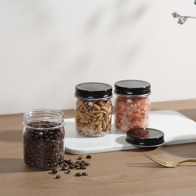 8 Ounce Clear Plastic Mason Jars With Screw On Lid, Reusable Empty Jars for Food Storage, Round BPA Free Containers for Sealing, Dry Food, Snacks, Candies, Breakage-proof, (Black - 16 Pack)