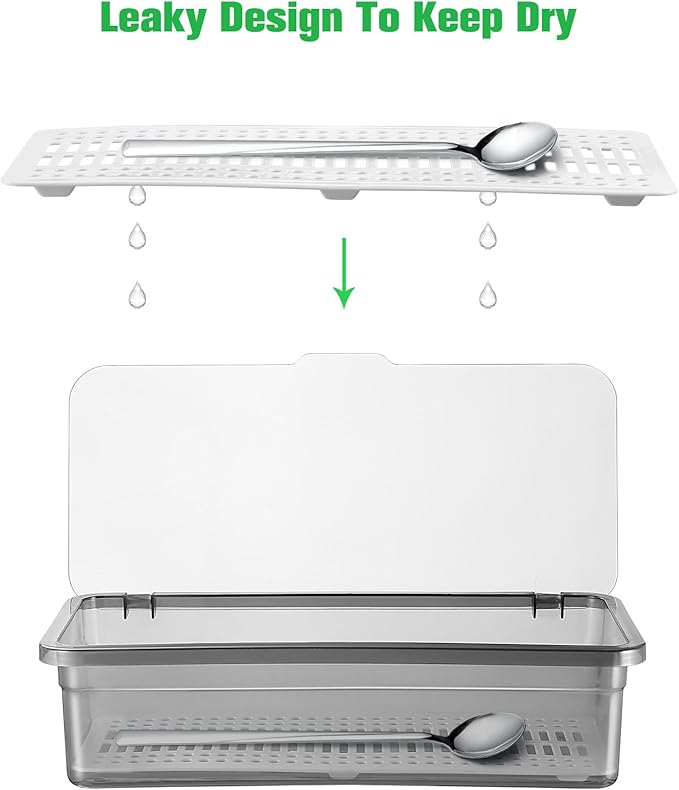 Cabilock Silverware Organizer with Lid Drawer organizer Kitchen Flatware Tray holder Utensil Organizer Drawer Countertop Storage Container (Grey)