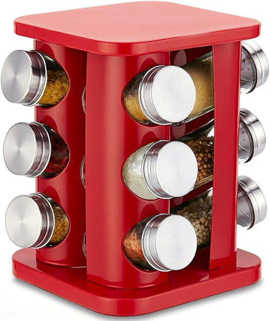 TINMIX Revolving Spice Rack Organizer with 12 Jars, Countertop Spice Seasoning Rack Tower with 12 Glass Jar Bottles Refillable for Kitchen Cabinet, Stainless Steel, Red