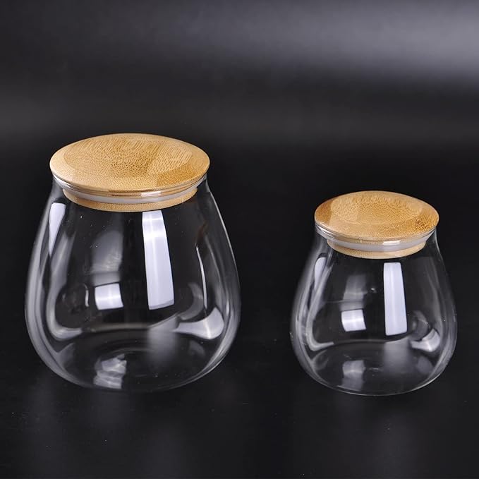 WHJY 13oz Clear Glass Storage Canister Holder with Airtight Bamboo Lid, Small Cute Modern Round Decorative Container Jar for Coffee, Spice, Candy, Salt, Cookie, Condiment, Pepper, Sugar