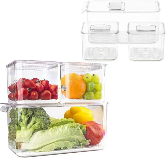 Slideep Fridge Produce Saver Food Storage Bin Containers, Stackable Refrigerator Freezer Organizer Bins with Removable Drain Tray, Fridge Fresh Keeper for Veggie, Berry, Fruits, Vegetables 6 Pack