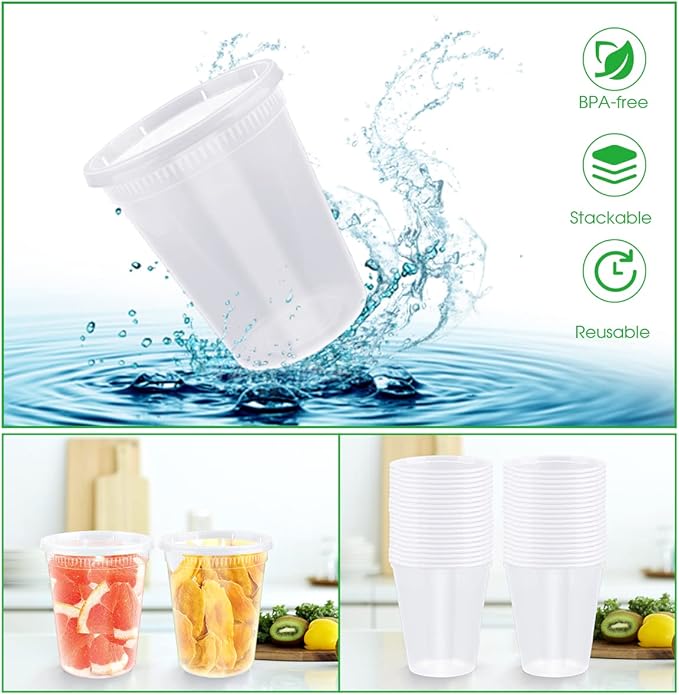 [25 Pack, 32oz] Food Storage Containers with Lids - BPA-Free | Airtight | Stackable Plastic Deli Containers (Includes 10 Spoons & 10 Forks), Dishwasher, Microwave & Freezer Safe