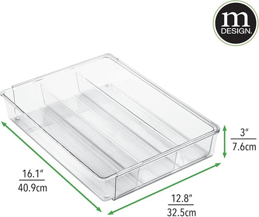 mDesign Plastic Adjustable/Expandable Divided Drawer Storage Organizer with 4 Compartments for Kitchen Pantry, Cupboard, Cabinet, Hold Silverware, Utensils, Cutlery - Ligne Collection - Clear