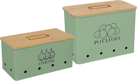 Potato Onion Kitchen Storage Canisters,Storage Bin For Kitchen 2 Pack Set,potatoe, Potato Storage Box，storage And Long Shelf Life With Aerating Tin Storage Holes-Green