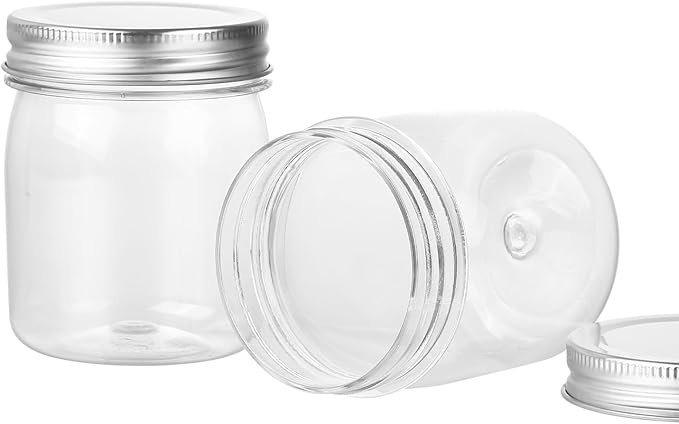 8 Ounce Clear Plastic Mason Jars With Screw On Lid, Reusable Empty Jars for Food Storage, Round BPA Free Containers for Sealing, Dry Food, Snacks, Candies, Breakage-proof, (Silver - 32 Pack)