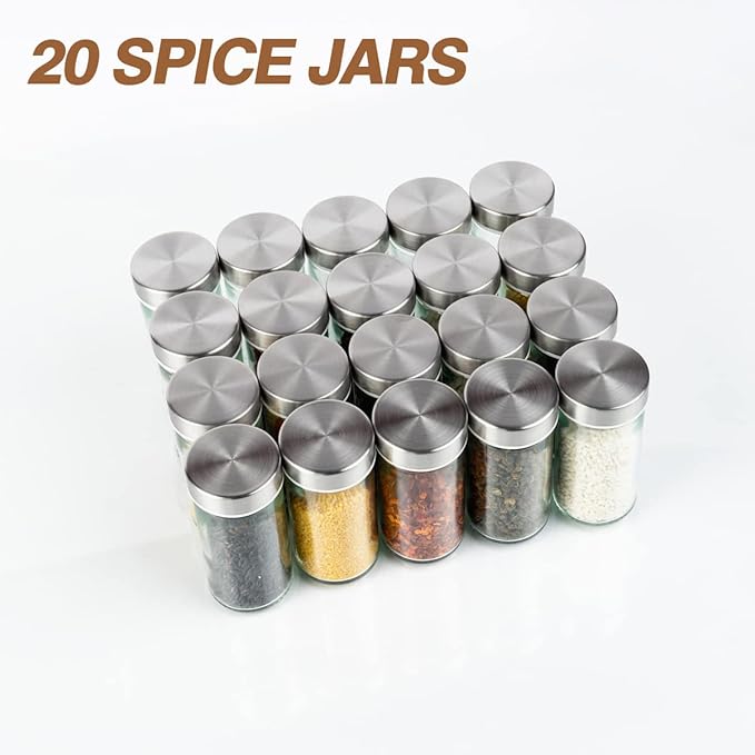 Spice Rack, 20 Jars Rotating Spice Rack, Spice Jars with Label, Stainless Steel Spice Rack Organizer for Cabinet, Spice Organizer, Seasoning Organizer, Revolving Spice Rack Carousel