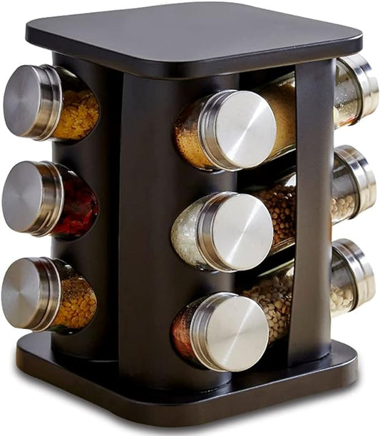 TINMIX Revolving Spice Rack Organizer with 12 Jars, Countertop Spice Seasoning Rack Tower with 12 Glass Jar Bottles Refillable for Kitchen Cabinet, Stainless Steel, Black