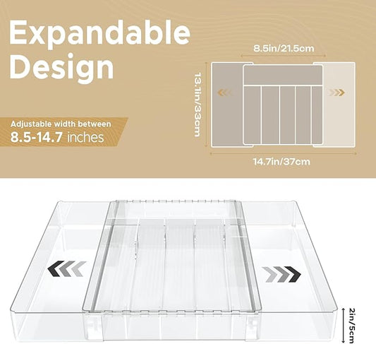 JYPS Silverware Organizer - Expandable Kitchen Drawer Organizer, Adjustable BPA Free Utensil Organizer, Cutlery Drawer Organizer for Forks, Knives, Clear Middle