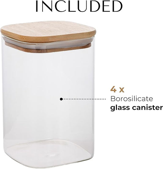 32oz Square Borosilicate Glass Canister With Bamboo Lid, Airtight Pantry Storage Jar Containers Ideal for Rice, Candy, Sugar, Flour, Nuts, Cookies and Coffee Beans (4 Pack)