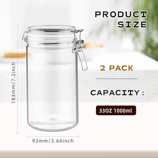 2 Pack 33OZ/1000ml Plastic Storage Containers with Lids Large Plastic Jar with Locking Clamp Acrylic Canisters For Nuts Sugar Coffee Candy Cookie Spices And More