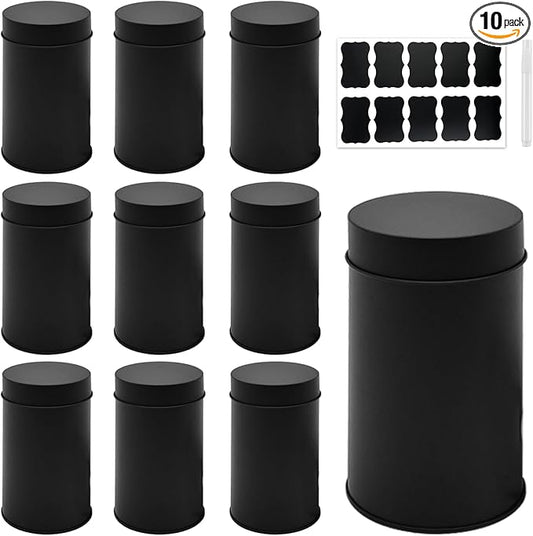 10 Packs Tea Tin Canister with Airtight Double Lids, 17 Fl oz Metal Tea Canisters, Round Tea Storage Organizer Can Box with 10 Stickers and 1 Erasable Chalk Marker (Black)