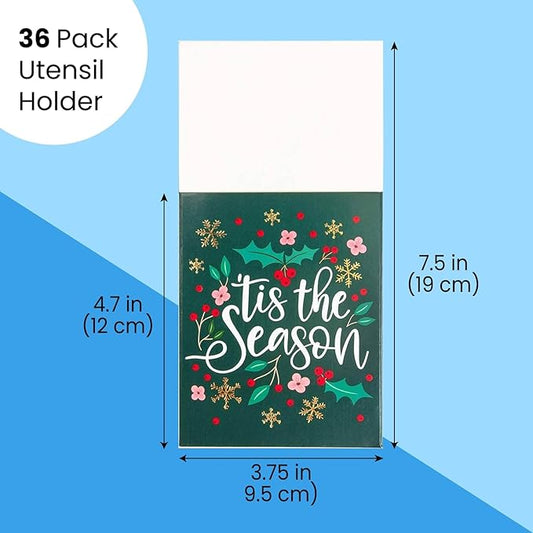 Sparkle and Bash 36 Pack Christmas Utensil Holder - Tis the Season - Silverware Cutlery Holder Paper Pockets for Xmas Table Decorations, Holiday Dinner Party, 3.7 x 7.5 Inch