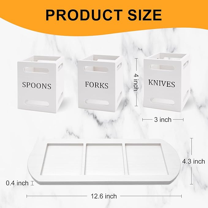 Ayiaren Wooden Flatware Silverware Caddy White Cutlery Holder with Wood Tray Utensils Holder for Kitchen Counter Wood Silverware Organizer for Table Countertop Knife Fork and Spoon Holder for Party