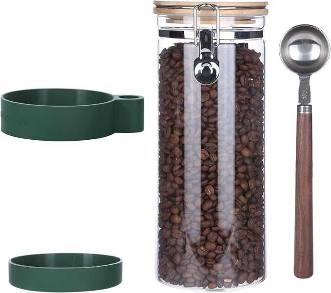 KKC HOME ACCENTS Air tight Glass Food Storage Canister with Lid and Scoop, Airtight Sealed Glass Container with Clamp Lid for Ground Coffee or Beans,Loose Tea,Brown Sugar,50 Fluid Ounce