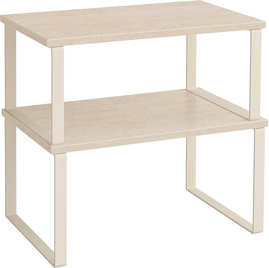 SONGMICS Cabinet Organizer Shelf, Set of 2 Kitchen Counter Shelves, Kitchen Storage, Spice Rack, Stackable, Expandable, Metal and Engineered Wood, Travertine Beige and Cream White UKCS020L01