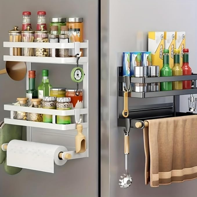 Magnetic Spice Rack for Refrigerator, Moveable Magnetic Paper Towel Holder Metal Fridge Organizer 8 Hooks for Kitchen Space Saving (White)