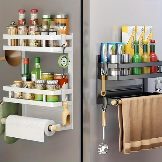 Magnetic Spice Rack for Refrigerator, Moveable Magnetic Paper Towel Holder Metal Fridge Organizer 8 Hooks for Kitchen Space Saving (White)