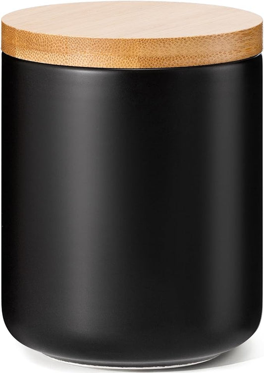 Yangbaga Black Canisters for Kitchen-Kitchen Canisters for Countertop with Airtight Wood Lids/Spoons/Stickers,Ceramic Kitchen Storage Containers for Large Flour,Suger,Coffee（15 OZ)