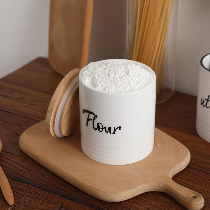LEETOYI Porcelain Food Storage Containers with Lid, 4.5 Inch 31oz White, Labeled Flour