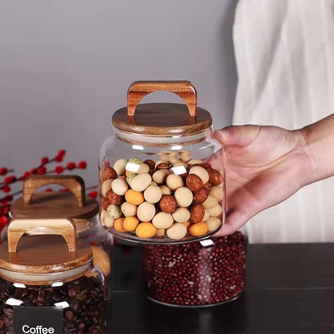 SAIOOL Glass Jars with Airtight Lid [Set of 4],Kitchen Canisters, Borosilicate Storage Containers,Retro Design, jars for Candy,Cookie,Rice,Sugar,Flour, Flour,Pasta,Nuts and Spice Jars