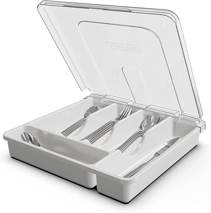 Silverware Organizer with Cover, Portable Cutlery Holder Flatware Tray with Lid Plastic Silverware Storage Box Airtight Black Cutlery Tray with Lid (White)