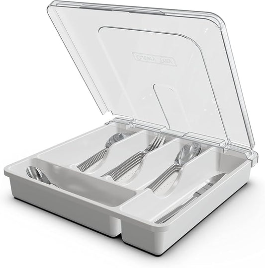Silverware Organizer with Cover, Portable Cutlery Holder Flatware Tray with Lid Plastic Silverware Storage Box Airtight Black Cutlery Tray with Lid (White)